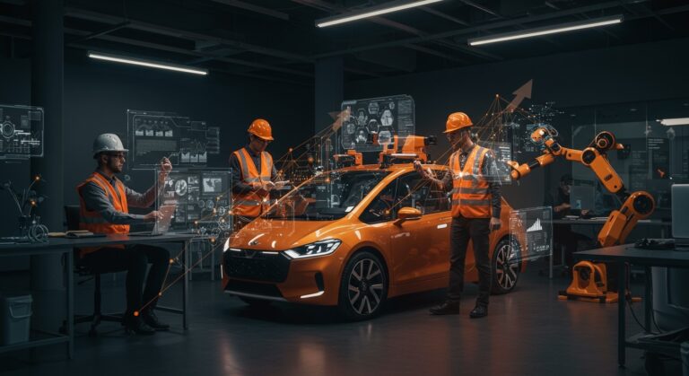 Ingenieros de conducción autónoma colaborando en un prototipo futurista con interfaces digitales, simbolizando la guerra de talento en vehículos autónomos y movilidad IA en 2026.