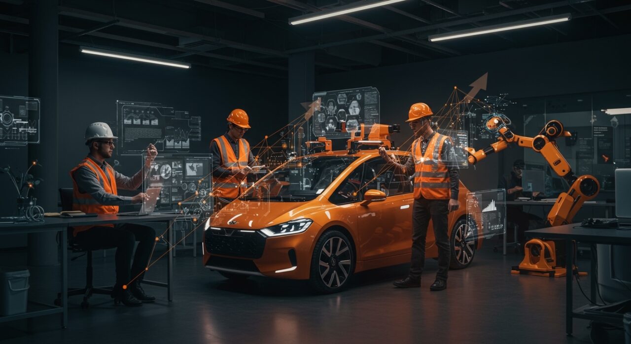 Ingenieros de conducción autónoma colaborando en un prototipo futurista con interfaces digitales, simbolizando la guerra de talento en vehículos autónomos y movilidad IA en 2026.