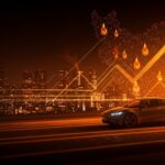 Coche eléctrico avanzado circulando en Europa mientras el conflicto en Irán dispara el precio del petróleo y acelera la transición hacia la movilidad eléctrica.