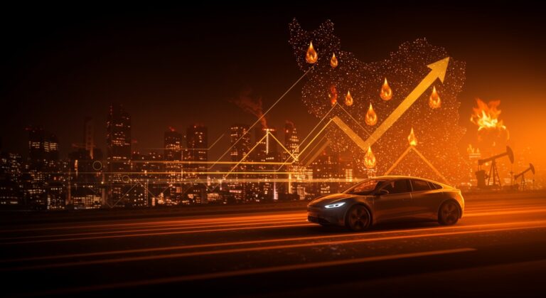 Coche eléctrico avanzado circulando en Europa mientras el conflicto en Irán dispara el precio del petróleo y acelera la transición hacia la movilidad eléctrica.