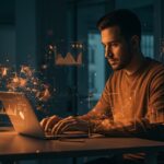 Fundador tech usando IA local con hologramas de redes neuronales y automatización para startups en LATAM.