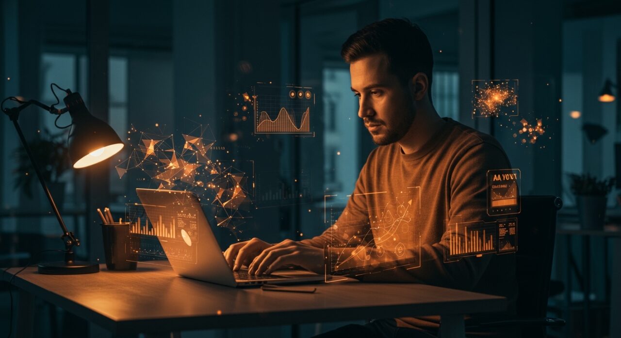 Fundador tech usando IA local con hologramas de redes neuronales y automatización para startups en LATAM.