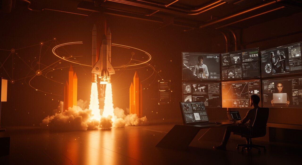 Lanzamiento en directo de Artemis II de NASA con emprendedores del ecosistema startup observando la misión lunar y tecnología espacial innovadora.