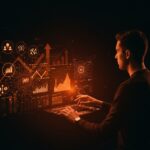 Fundadora de startup contemplando plataforma SaaS de inteligencia artificial con metáforas visuales de financiación y automatización en ecosistema startup español.