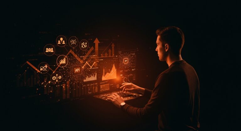 Fundadora de startup contemplando plataforma SaaS de inteligencia artificial con metáforas visuales de financiación y automatización en ecosistema startup español.