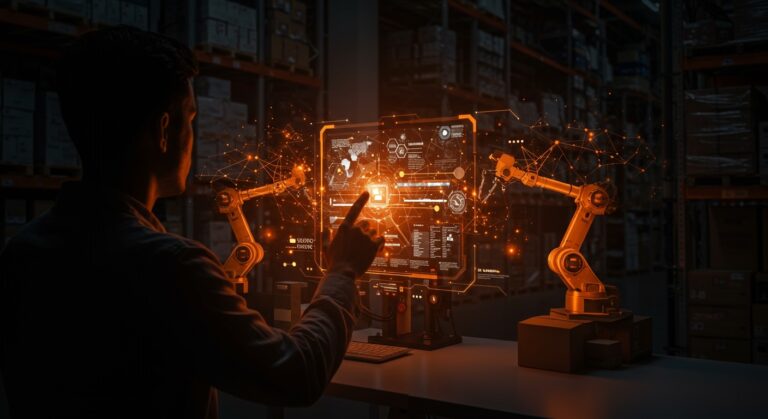 Inteligencia artificial en logística con un fundador de startup gestionando automatización inteligente y robótica colaborativa para escalar operaciones.