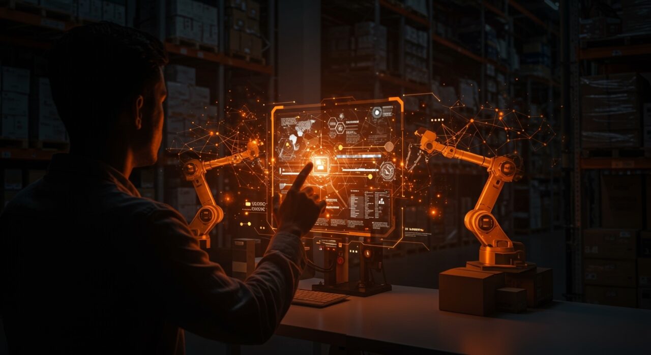 Inteligencia artificial en logística con un fundador de startup gestionando automatización inteligente y robótica colaborativa para escalar operaciones.