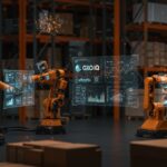 Automatización logística con IA en startups mostrando robots colaborativos y análisis digital en plataforma GXO IQ.