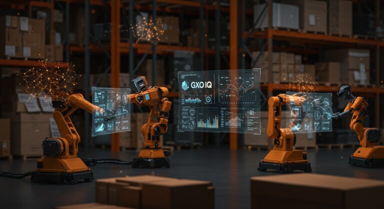 Automatización logística con IA en startups mostrando robots colaborativos y análisis digital en plataforma GXO IQ.