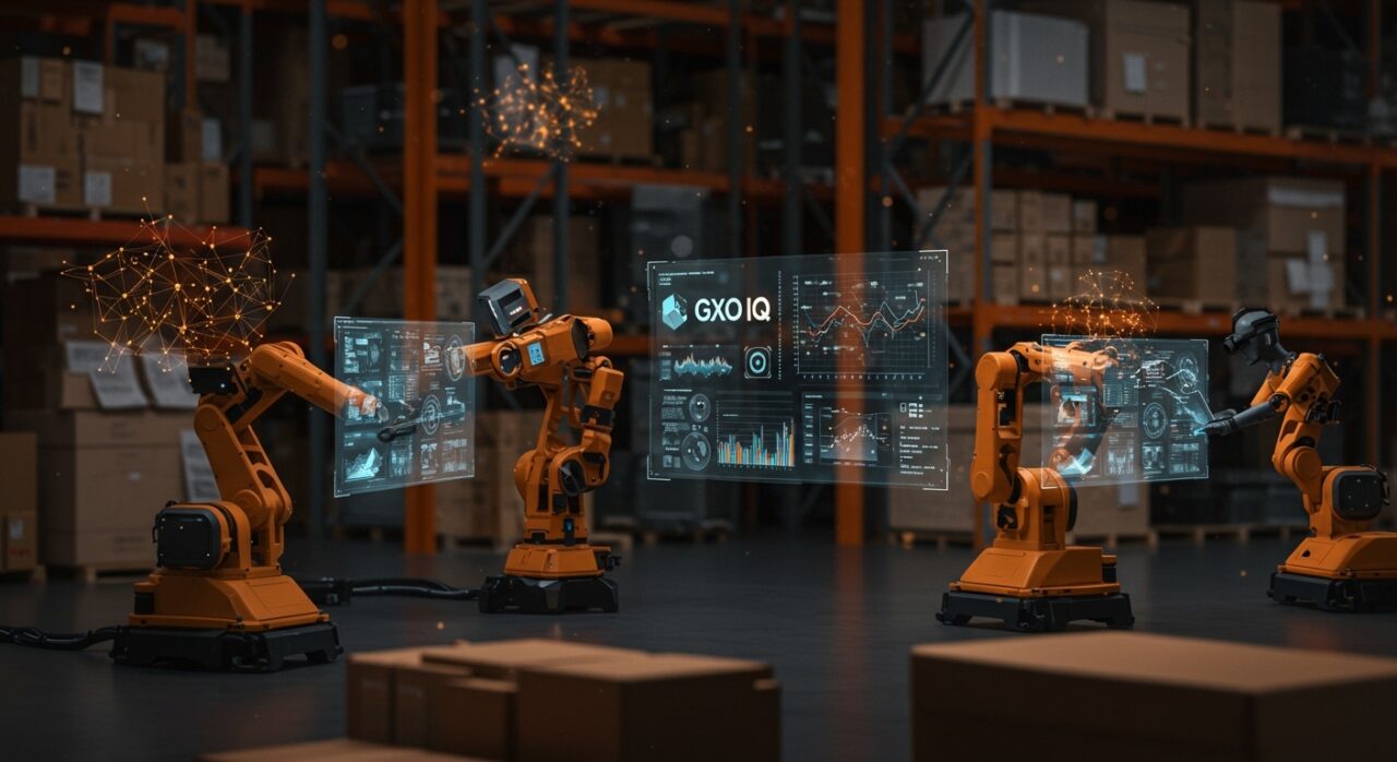 Automatización logística con IA en startups mostrando robots colaborativos y análisis digital en plataforma GXO IQ.