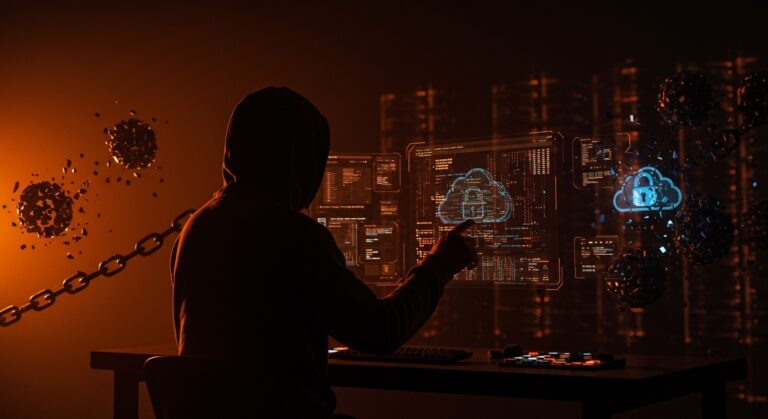 Ilustración conceptual del hackeo a Rockstar Games con énfasis en ciberseguridad y amenazas en la cadena de suministro para empresas tech.