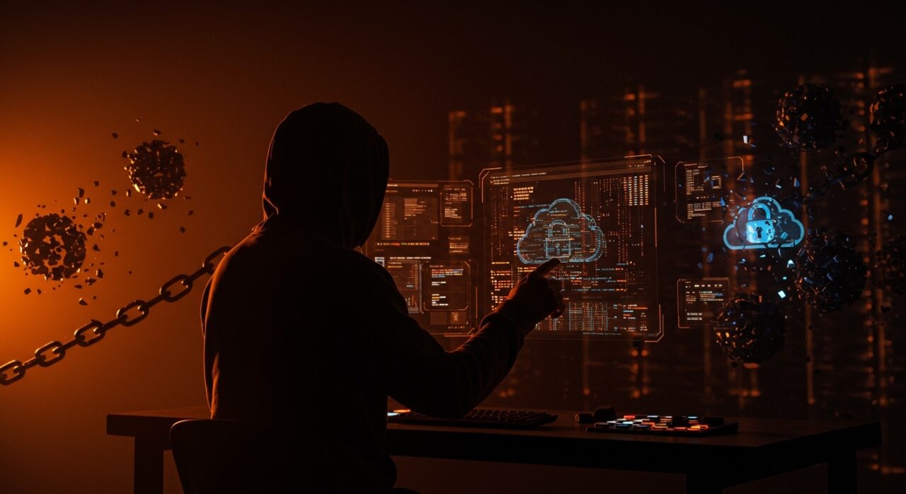 Ilustración conceptual del hackeo a Rockstar Games con énfasis en ciberseguridad y amenazas en la cadena de suministro para empresas tech.