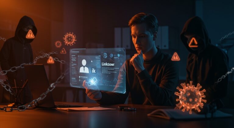 Protección contra hackers norcoreanos del Grupo Lazarus en LinkedIn para startups tecnológicas, conceptos de ciberseguridad y software.