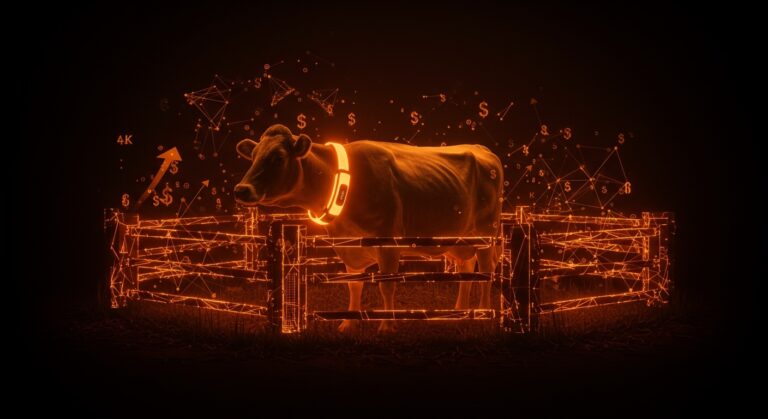 Collar inteligente Halter con cercas virtuales para ganado, mostrando tecnología avanzada en agtech y escalabilidad en la ganadería.