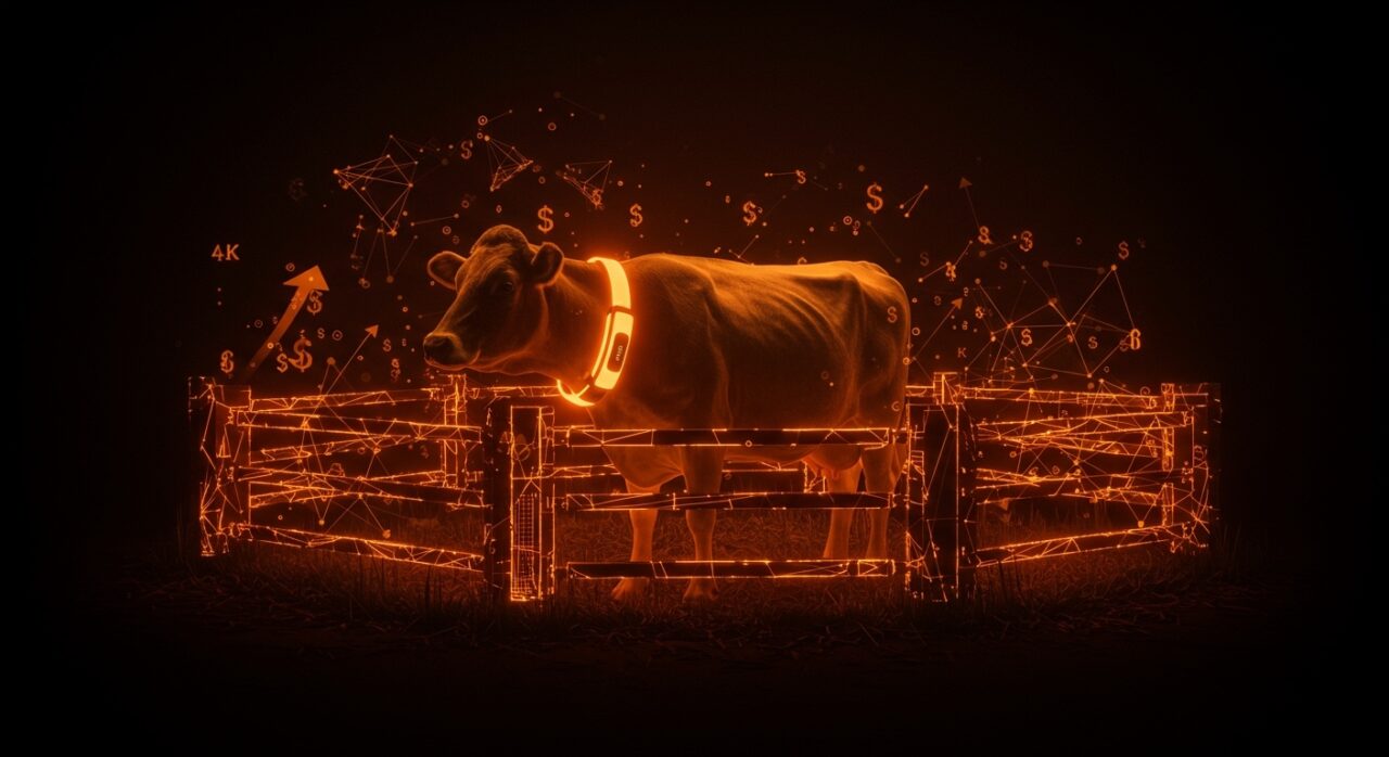 Collar inteligente Halter con cercas virtuales para ganado, mostrando tecnología avanzada en agtech y escalabilidad en la ganadería.