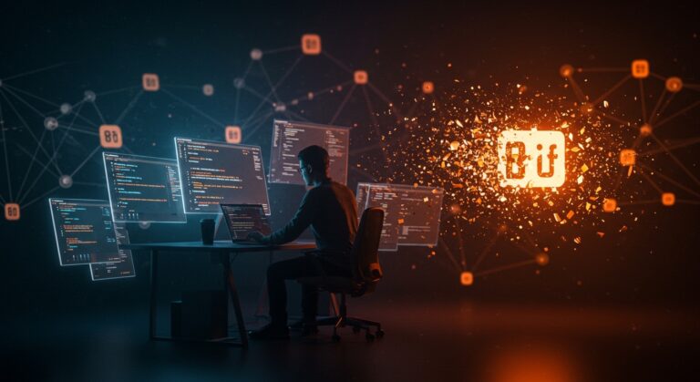 Founder tecnológico trabajando en repositorios descentralizados con iconografía de Radicle y GitHub, simbolizando la migración a plataformas P2P en startups.