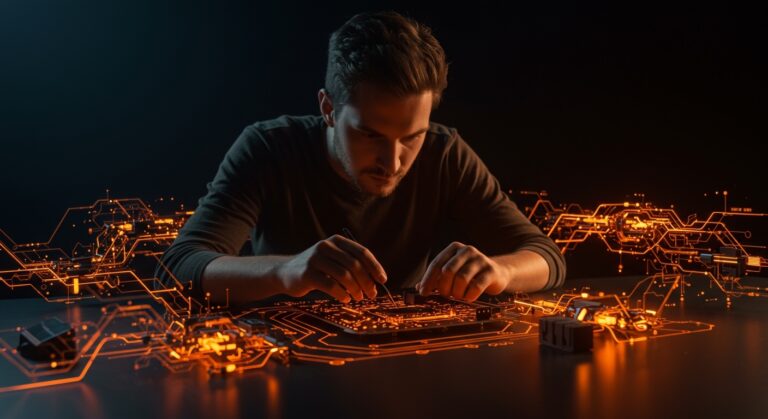 Emprendedor trabajando en prototipo de hardware rápido con elementos visuales que representan innovación, metodologías ágiles y aplicación de IA en hardware startup.