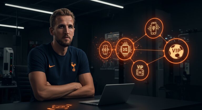 Harry Kane invirtiendo en startups tecnológicas de deporte, inteligencia artificial y experiencias VIP, representando diversificación en tecnología.