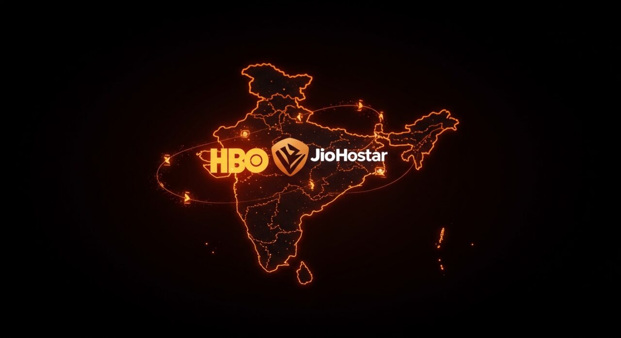 Alianza estratégica HBO Max y JioHotstar en India representada con un mapa digital y flujos de datos, destacando el mercado de streaming emergente.