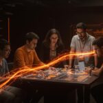 Fundadores de startups healthtech en Latinoamérica colaborando con visualizaciones digitales que representan rondas de financiación e innovación tecnológica.