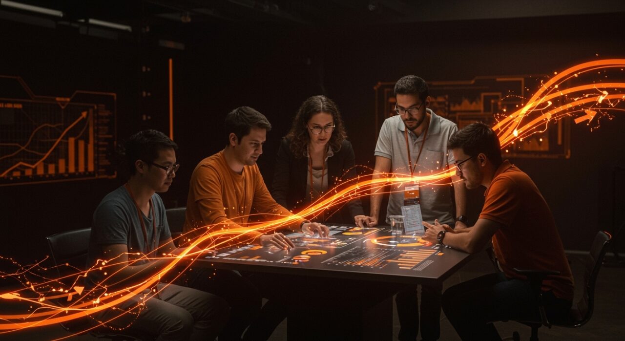 Fundadores de startups healthtech en Latinoamérica colaborando con visualizaciones digitales que representan rondas de financiación e innovación tecnológica.