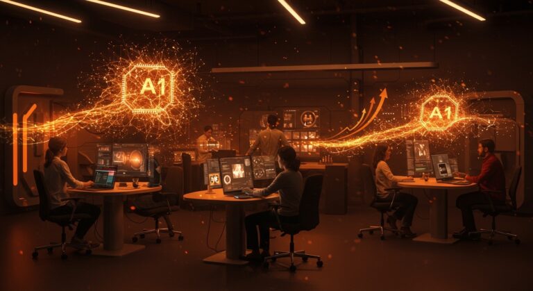 Innovadores de healthtech en Latinoamérica colaborando con inteligencia artificial y tecnología avanzada, representando el crecimiento acelerado de startups en el sector salud.