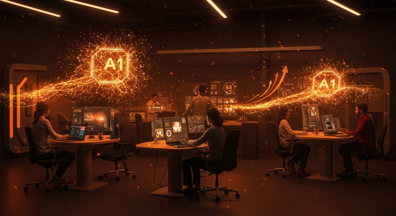 Innovadores de healthtech en Latinoamérica colaborando con inteligencia artificial y tecnología avanzada, representando el crecimiento acelerado de startups en el sector salud.