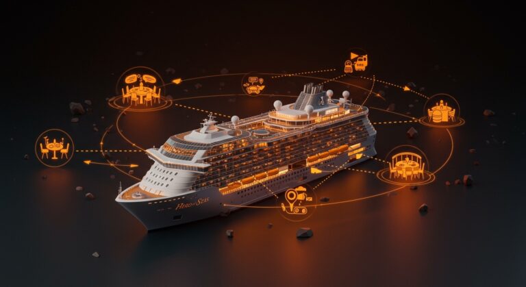 Hero of the Seas de Royal Caribbean ilustrado con iconos de restaurantes y símbolos de innovación en hospitality tech y experiencia de usuario.
