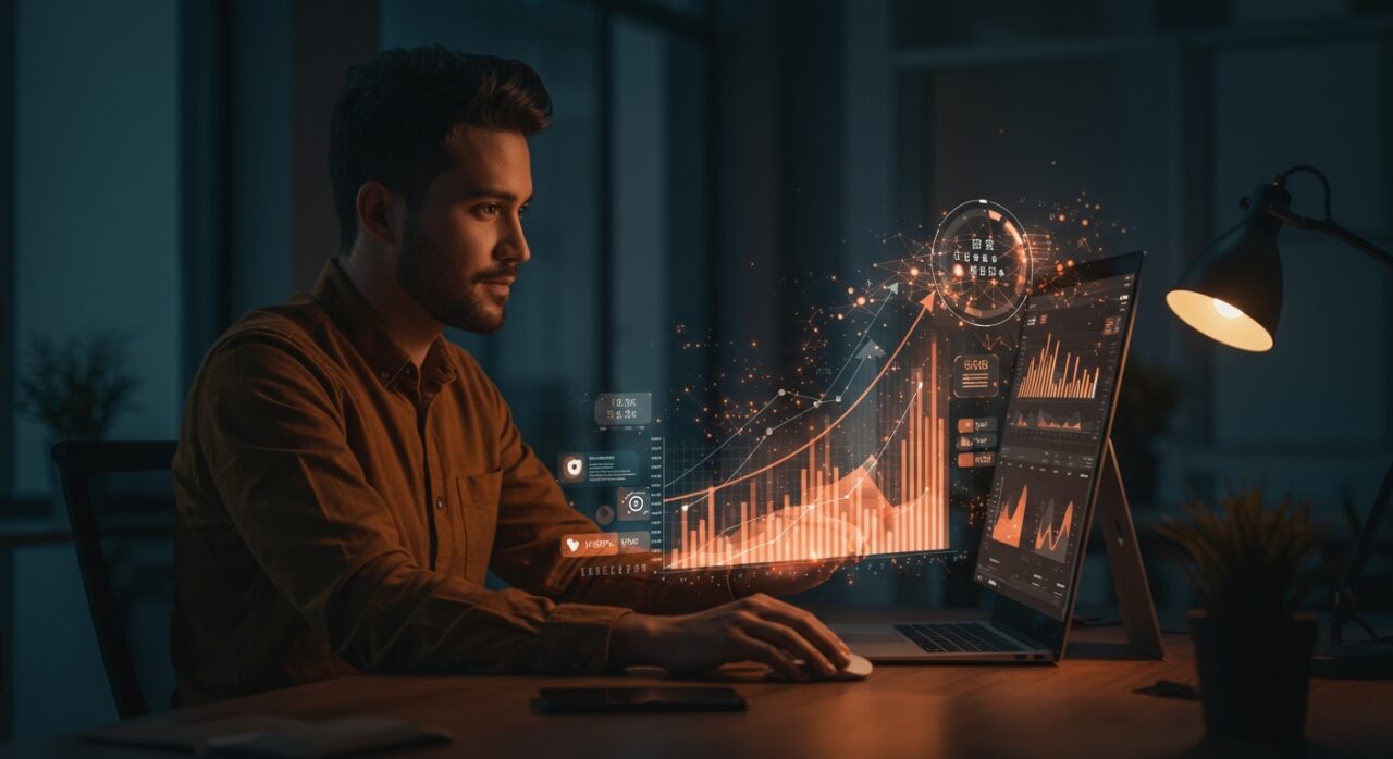 Marketing impulsado por IA en startup SaaS con campañas personalizadas y crecimiento hasta 100M ARR, ilustrado con datos digitales y redes neuronales.