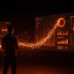 Fundador de SaaS frente a un panel digital mostrando $100M ARR y analítica con IA, representando crecimiento y marketing con inteligencia artificial.