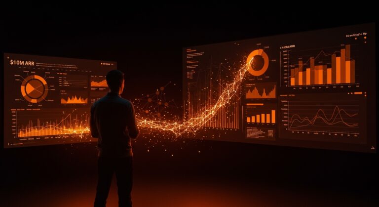 Fundador de SaaS frente a un panel digital mostrando $100M ARR y analítica con IA, representando crecimiento y marketing con inteligencia artificial.