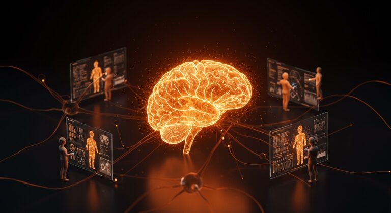 Representación visual del hipocampo humano fusionado con redes neuronales digitales para memoria biológica en agentes de IA open source, ideal para developers y founders.