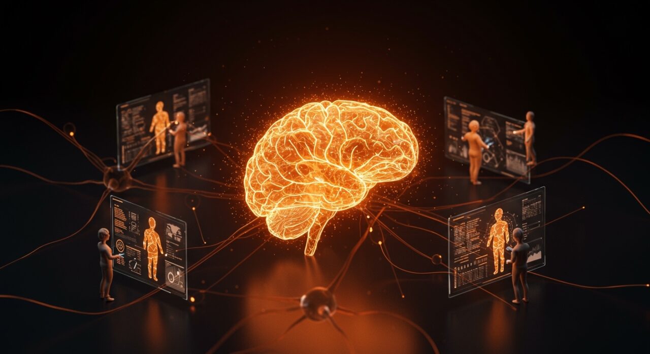 Representación visual del hipocampo humano fusionado con redes neuronales digitales para memoria biológica en agentes de IA open source, ideal para developers y founders.