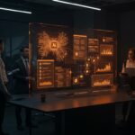 Holding inteligente con inteligencia artificial y automatización en gestión corporativa cumpliendo el AI Act, ilustración editorial en colores naranja y negro.