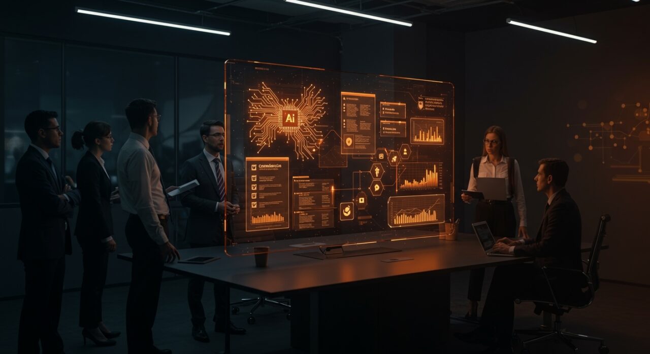 Holding inteligente con inteligencia artificial y automatización en gestión corporativa cumpliendo el AI Act, ilustración editorial en colores naranja y negro.