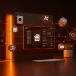 Interior moderno de casa inteligente con dispositivos conectados mediante Home Assistant y tecnología Matter Thread en entorno de domótica código abierto.