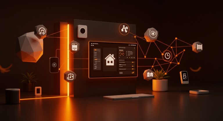 Interior moderno de casa inteligente con dispositivos conectados mediante Home Assistant y tecnología Matter Thread en entorno de domótica código abierto.