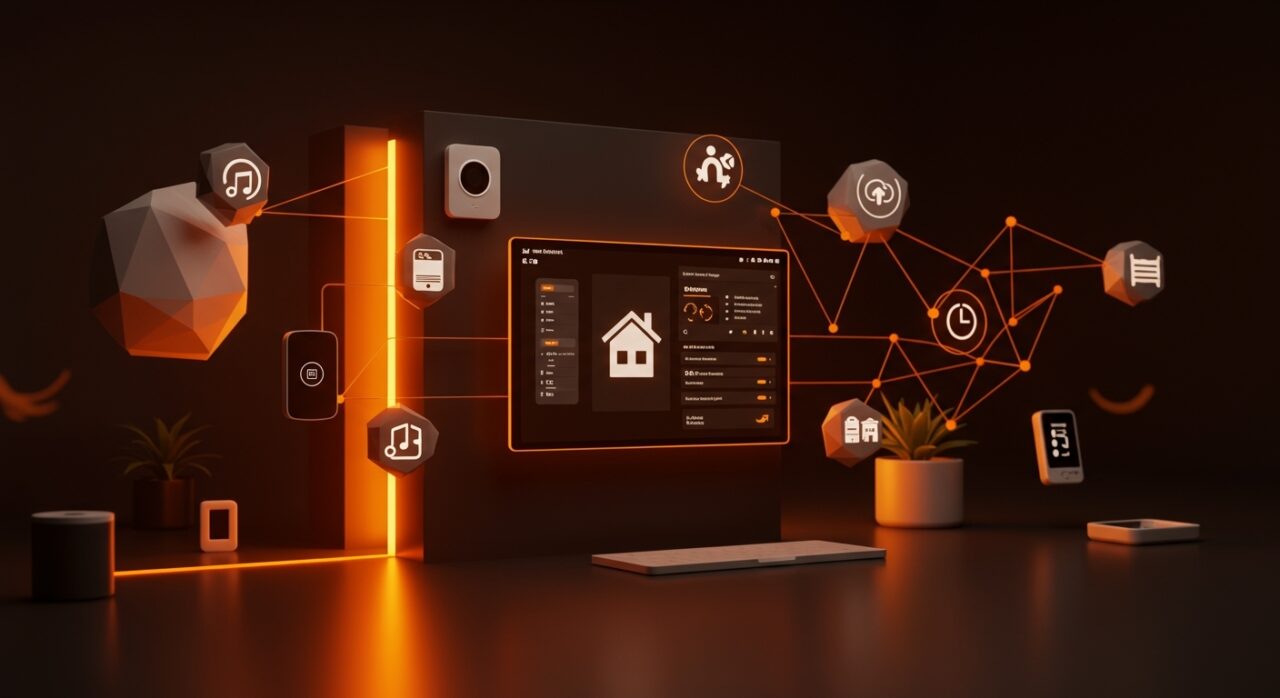 Interior moderno de casa inteligente con dispositivos conectados mediante Home Assistant y tecnología Matter Thread en entorno de domótica código abierto.