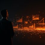 Líder empresarial frente a un horizonte digital con hologramas de inteligencia artificial, simbolizando la adopción de IA y aumento de rentabilidad en startups LATAM 2026.