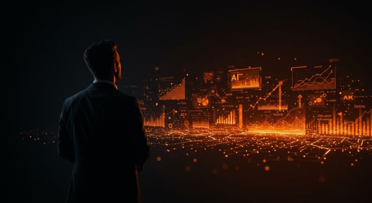 Líder empresarial frente a un horizonte digital con hologramas de inteligencia artificial, simbolizando la adopción de IA y aumento de rentabilidad en startups LATAM 2026.