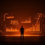 Fundador de startup tecnológica frente a gráficos digitales con redes neuronales y flechas ascendentes que simbolizan la rentabilidad y automatización con inteligencia artificial.