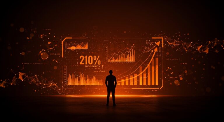 Fundador de startup tecnológica frente a gráficos digitales con redes neuronales y flechas ascendentes que simbolizan la rentabilidad y automatización con inteligencia artificial.