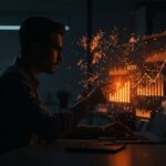 Fundador de startup analizando interfaz digital con IA y gráficos de ROI, representando automatización y rentabilidad en España y LATAM.