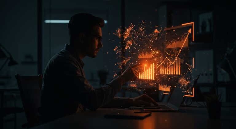 Fundador de startup analizando interfaz digital con IA y gráficos de ROI, representando automatización y rentabilidad en España y LATAM.