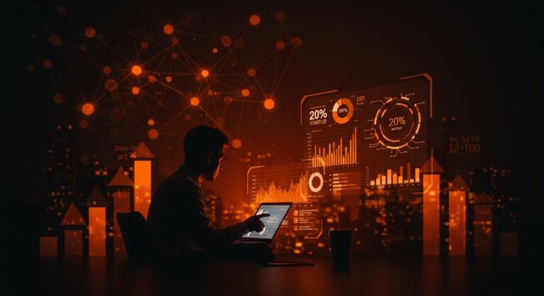 Founder de startup enfrentando pérdida de rentabilidad del 20% en 2026 por falta de automatización IA, con metáforas visuales de inteligencia artificial y transformación digital.