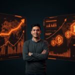 Founder hispanohablante frente a pantalla digital con gráficos de inversión en IA y cripto, reflejando venture capital en Q1 2026.
