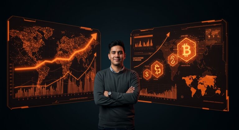 Founder hispanohablante frente a pantalla digital con gráficos de inversión en IA y cripto, reflejando venture capital en Q1 2026.