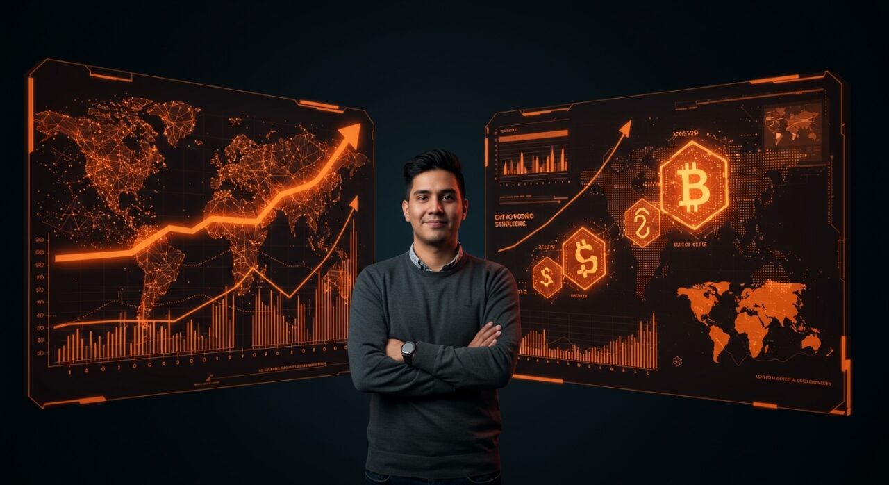 Founder hispanohablante frente a pantalla digital con gráficos de inversión en IA y cripto, reflejando venture capital en Q1 2026.