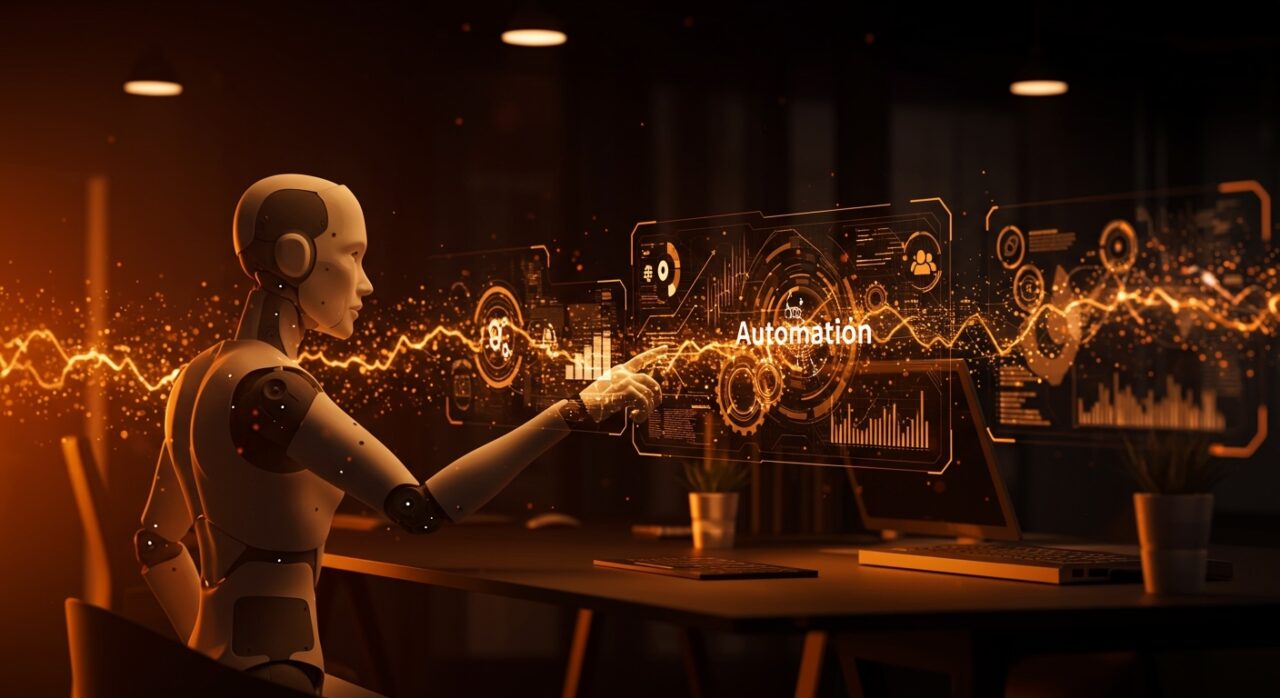 Representación visual de IA agente y automatización en startups tech con figura digital interactuando en entorno futurista con interfaces holográficas y flujos de datos.