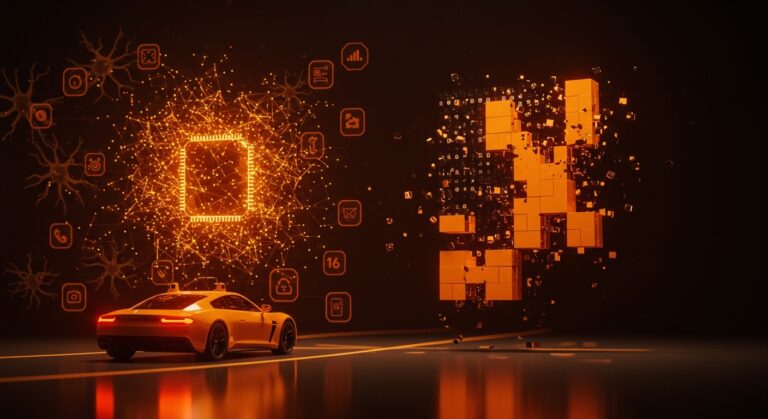 Inteligencia artificial aplicada mostrando la facilidad de conducción autónoma frente a la complejidad de jugar Tetris, destacando innovación tecnológica en startups latinoamericanas.